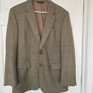 JoS A Bank Pure Wool Plaid Houndstooth 2 Button Blazer Sports Coat Brown Tan 46L